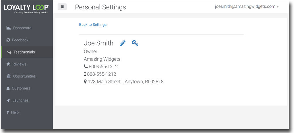 loyaltyloop personal settings